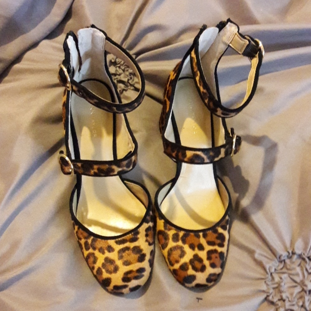 Ann Taylor leopard print calf hair Mary Janes